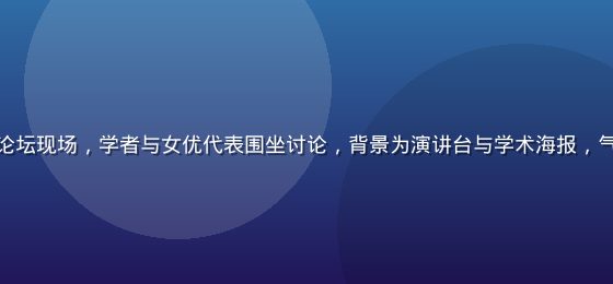 性别平等主题论坛现场，学者与女优代表围坐讨论，背景为演讲台与学术海报，气氛严肃而开放